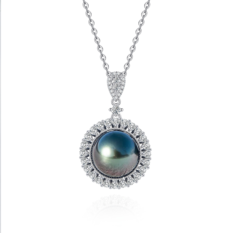 Tahitian Black Pearl Diamond Enclosure Pendant Necklace