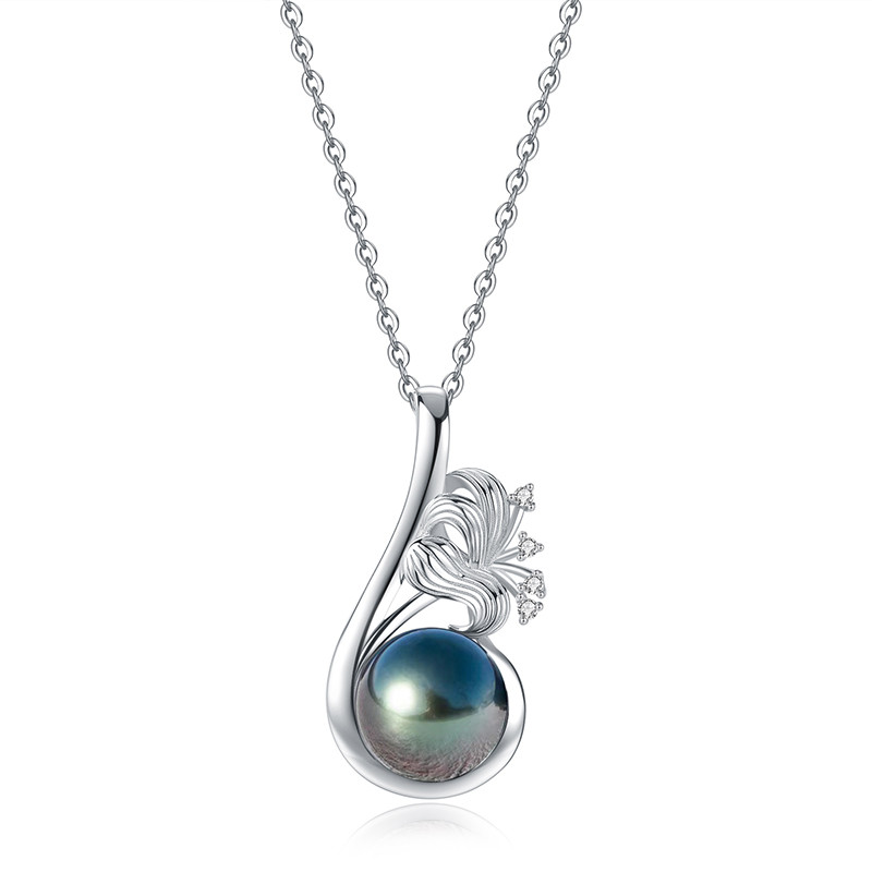 Fancy diamond-set black pearl pendant necklace