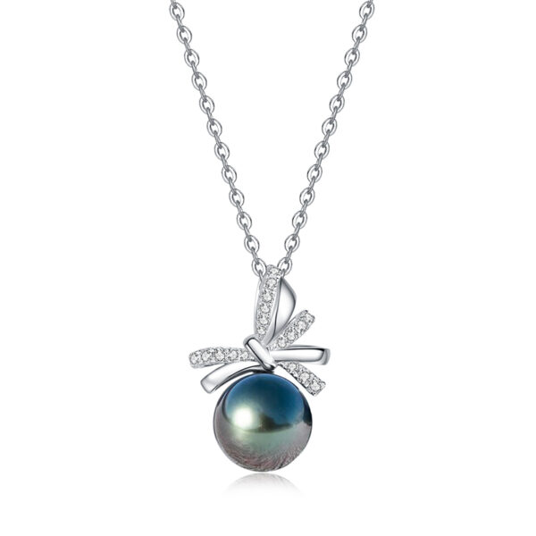 Bow Black Pearl Diamond Pendant Necklace