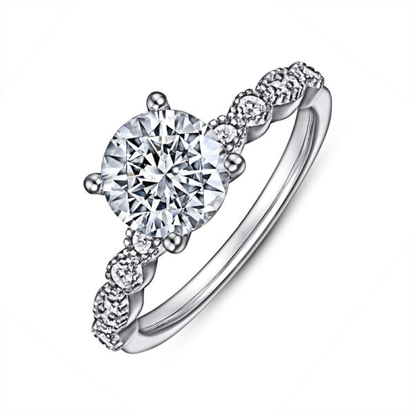 DAINTY VINTAGE-STYLE ENGAGEMENT RING WITH ROUND CENTER AND DELICATE DIAMOND ACCENT SIDES – MOISSANITE OR LAB-GROWN DIAMOND IN GOLD OR PLATINUM - DAINTY DROPS