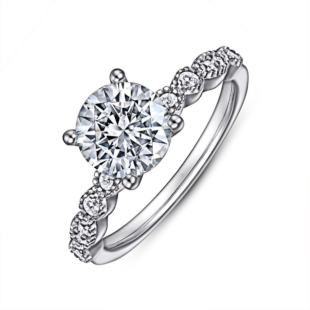 DAINTY VINTAGE-STYLE ENGAGEMENT RING WITH ROUND CENTER AND DELICATE DIAMOND ACCENT SIDES – MOISSANITE OR LAB-GROWN DIAMOND IN GOLD OR PLATINUM - DAINTY DROPS