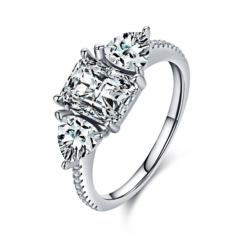 Three Stone Diamond Accent Engagement Ring Oval Moissanite or Lab Diamond - Magdalena