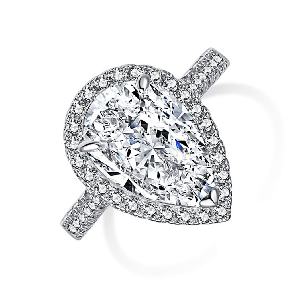 CLASSIC HALO ENGAGEMENT RING WITH PEAR-SHAPED LARGE CENTER, DIAMOND ACCENT SIDES, CLEAN-CUT DESIGN, AND THIN BAND – MOISSANITE OR LAB-GROWN DIAMOND IN GOLD OR PLATINUM - CHRISSY