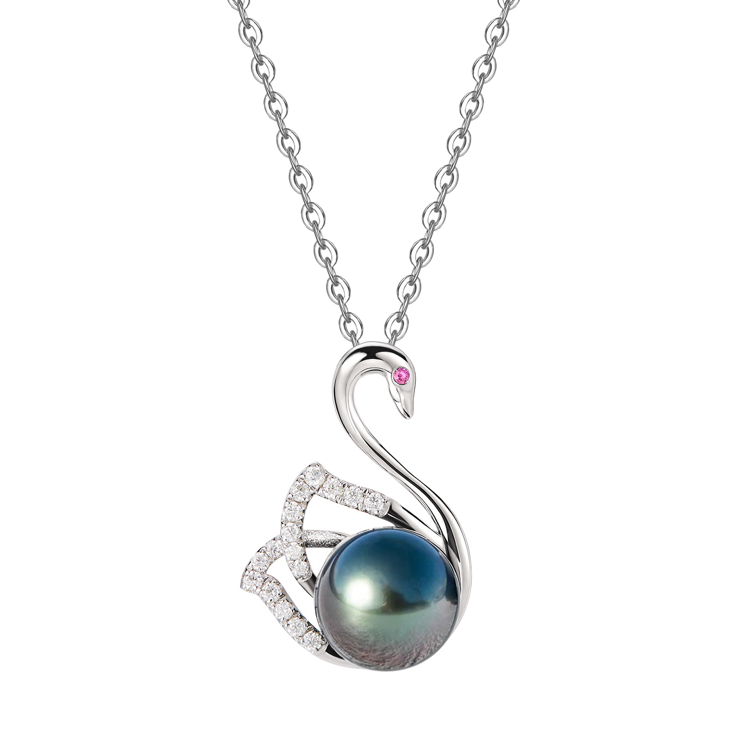 Swan shape black pearl diamond pendant necklace